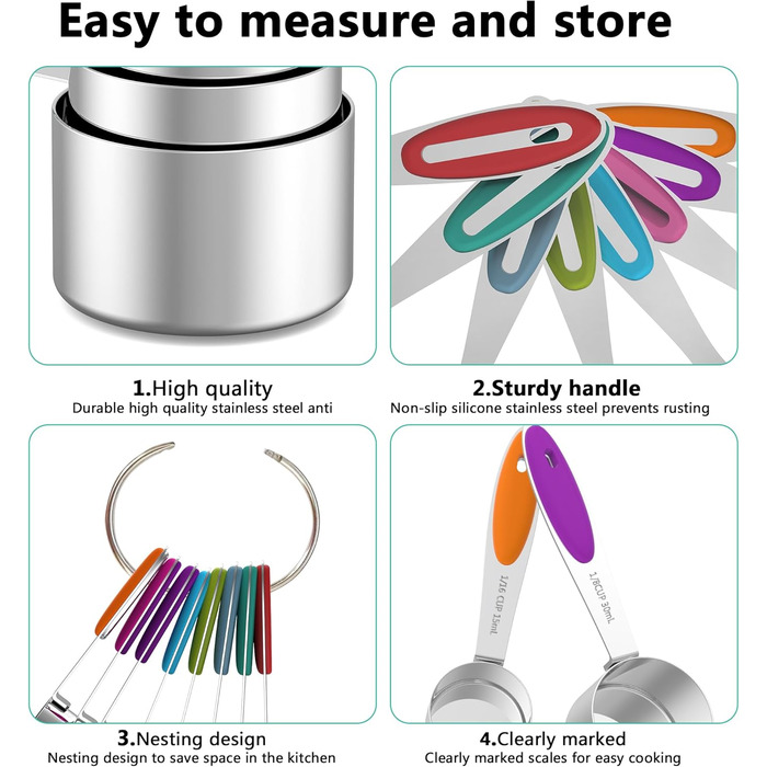 Minteem Measuring Cup and Spoon Set, 10-Piece Stainless Steel Measuring Cup Set with Colored Silicone Handle, Nesting Measuring Cups for Dry or Liquid Ingredients