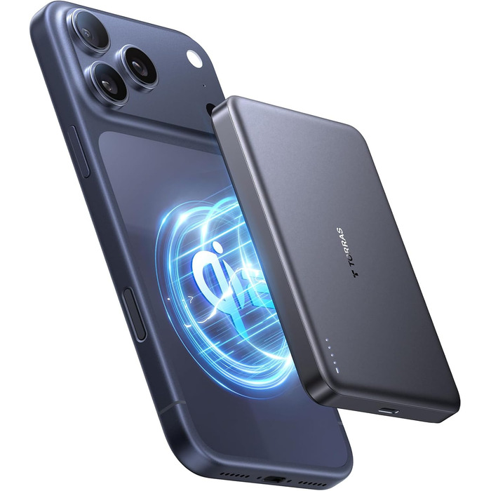 Портативний зарядний пристрій TORRAS MiniMag Qi2 з MagSafe, 10000mAh, сертифікований Qi2, магнітний, з кабелем USB-C 30W, бездротовий зарядний пристрій 15W для iPhone 17 Pro Max/Air/12-16, AirPods, сірий, титан