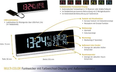 TFA Dostmann Multi-Color Digital Radio Alarm Clock with Color Changing Feature (70 Shades), 60.2548, Smartphone Charging Function (USB), Outdoor Temperature, Snooze Function, Plastic, Black
