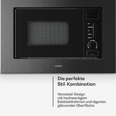 Мікрохвильова піч Klarstein Verosteel Einbaumikrowelle 60 см з грилем – 20L, 700W, 8 програм, сенсорне керування, нержавіюча сталь, функція розморожування, LED-підсвічування, чорна нержавіюча сталь