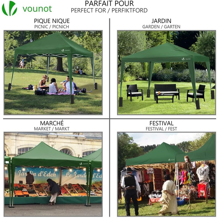 VOUNOT® Folding Pavilion 3x3m, with 4 Sandbags, Pop-Up Folding Pavilion, UV Protection 50+, (Green)