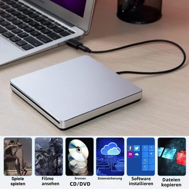 Зовнішній DVD-накопичувач для ноутбука: Портативний USB CD/DVD привід та записувач для Mac, MacBook, PC, Windows (Сріблястий)