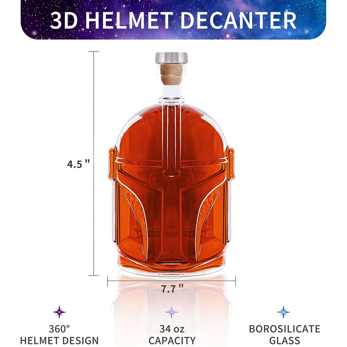 Набір для віскі DecantEmotion: декантер у формі шолома та 2 келихи для бурбону, скотчу, лікеру. Чудовий подарунок для чоловіків та жінок. Скляний декантер з кришталю блатого кольору, набір барменських інструментів (1 декантер + 2 келихи + аксесуари)
