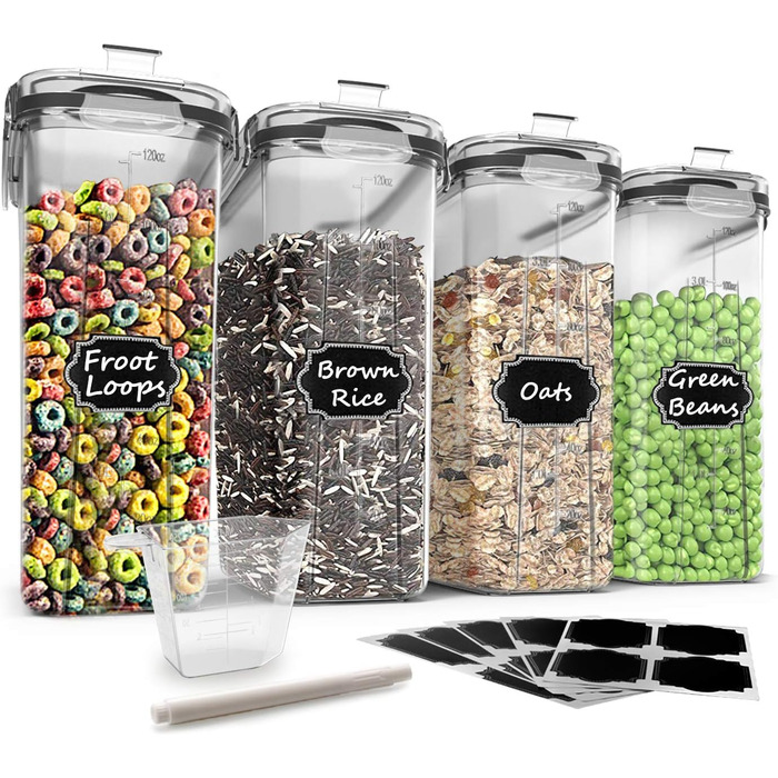 Wildone Freshness Containers, airtight, cereal storage containers for sugar, flour, snacks, baking supplies, leak-proof, with sealing lid, 4 pieces (4 l)