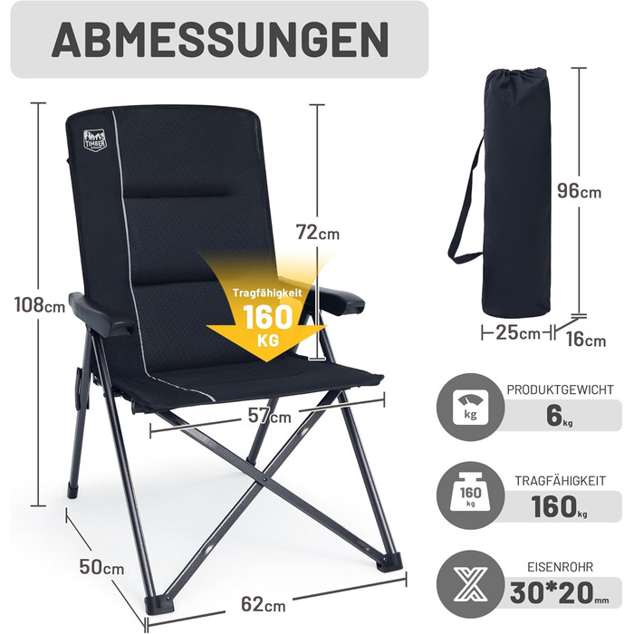 Кампінговий стілець розкладний Timber Ridge 2 шт, чорний, з високою спинкою, 3 положення, до 160 кг, широкий сидіння 57 см, для кемпінгу, балкону, дачі