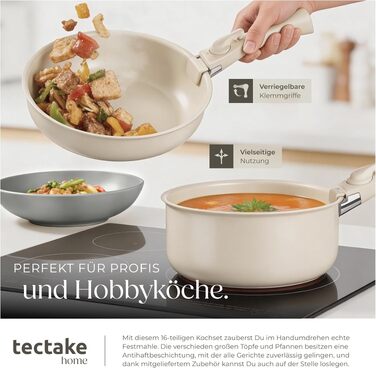 Набір кухонного посуду tectake на 6 осіб (40 предметів): керамічний сервіз, каструлі та сковорідки з нержавіючого алюмінію, кухонне приладдя, сіро-білий колір