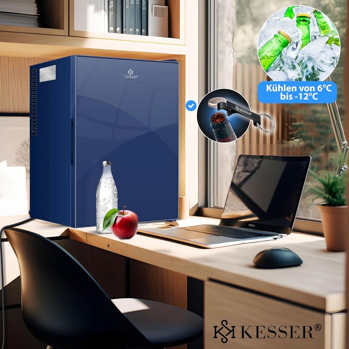Міні-холодильник KESSER® Minibar 40L з дверцятами з прозорого скла, Navy Blue - ідеальний для кемпінгу, офісу, спальні, готелю, кухні. Безшумний, з можливістю зміни дверцят та внутрішнім освітленням, з відкривачем для пляшок.
