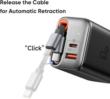 Мсдодо зарядний пристрій USB-C 67W з висувним кабелем, мережевий адаптер, швидка зарядка GaN, 3 порти, LED дисплей, чорний