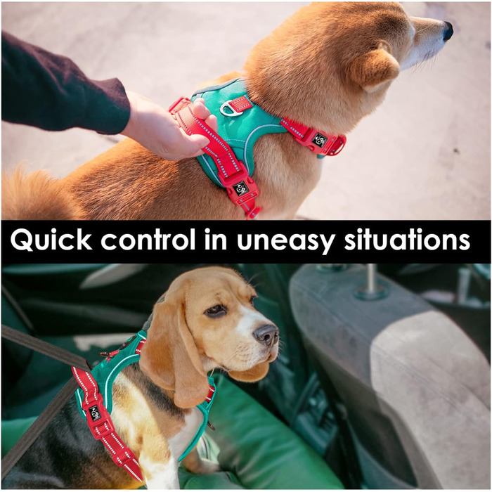Шлейка для собак PHOEPET без натягу, світловідбиваюча, регульована, з ручкою для тренувань + 2 гачки для повідка + 3 застібки + 4 ковзні пряжки (M, ), (Темно-зелена основа та червоні ремені, S)