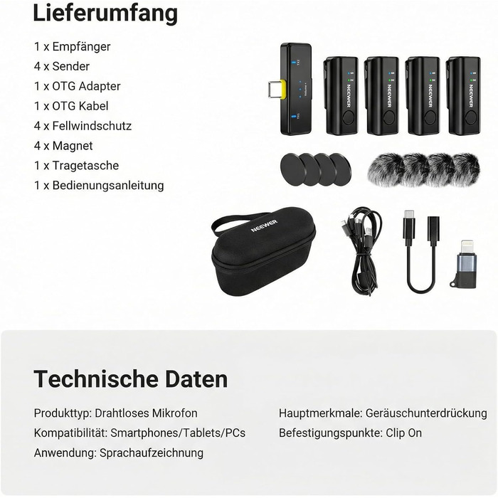 NEEWER Бездротовий петличний мікрофон KM23C: 48kHz/24Bit, 8 годин роботи, шумозаглушення, USB-C, сумісний з DJI, Insta360, iPhone, Android, PC