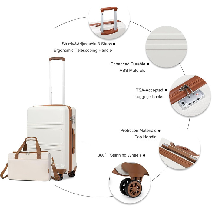 Набір валіз KONO 55 см: 2 валізи, ручна поклажа, 40x20x25 см, кремово-білий