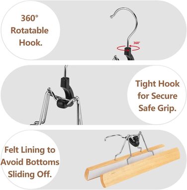 Дерев'яні вішалки для штанів AMKUFO з кліпсами (12 шт.), протиковзні вішалки для спідниць, фіксатори для штанів, надійні дерев'яні вішалки з поворотним гачком 360° (натуральне дерево)