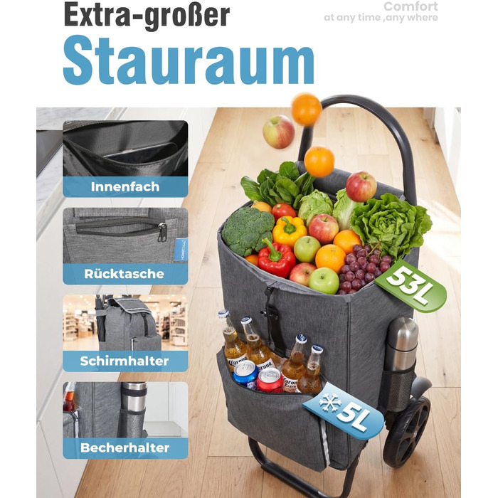 Складаний візок для покупок Homecall 50L з охолодженням, 3-в-1: візок, сумка-тележка, рюкзак (темно-сірий)