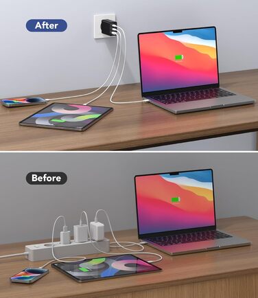 Зарядний пристрій USB-C 65W з 3 портами, чорний. Швидка зарядка для MacBook, iPhone, Switch, Galaxy, Tablet, Laptop