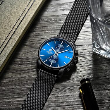 Годинник чоловічий GOLDEN HOUR: стильний хронограф з міцної нержавіючої сталі, водонепроникний, чорний/блакитний циферблат