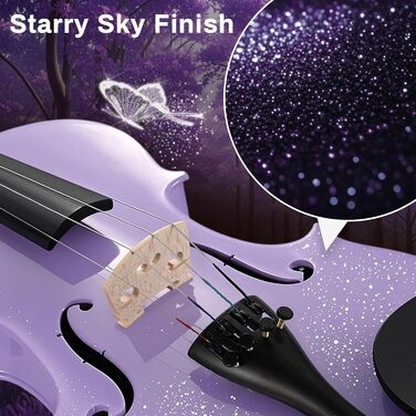 Скрипка Poseidon для початківців: повний стартовий набір з аксесуарами (2 смичка, 2 коліфоні, мостик, запасні струни, підставка, кліп-он тюнер), 4/4, білий/фіолетовий (зіркове небо)