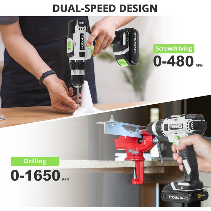 Faboka 21V акумуляторний шуруповерт, комплект з 2 акумуляторами 2.0Ah, 40Nm, 18+1 ступенів, 10мм патрон, регулювання швидкості, LED-підсвічування, для ремонту та DIY