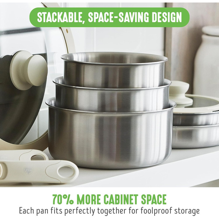 Набір каструль та сковорідок GreenLife Edelstahl 10 предметів, нержавіюча сталь, індукція, знімні ручки, без PFOA, сріблястий