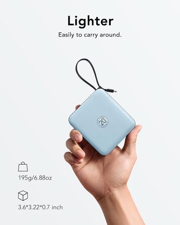 Power Bank VRURC 10000mAh з кабелем: компактний акумулятор USB-C, швидка зарядка 22.5W, LED-індикатор, сумісний з iPhone, Huawei