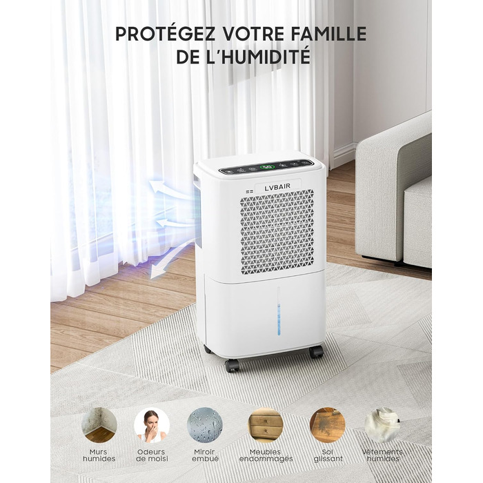 Електричний осушувач повітря 12л/день для 25м²/122м³ – потужне осушення, бак 2л, постійний дренаж, тиха робота, для спальні, підвалу, вітальні