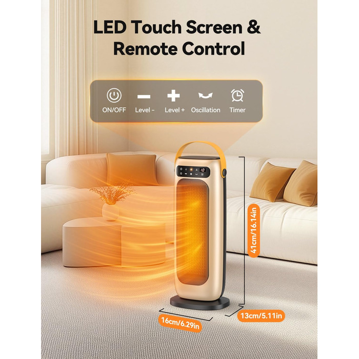 Електричний обігрівач PTC керамічний 1500W з пультом керування, 4 режими, осциляція 110°, таймер 1-10 год, захист від перегріву та перекидання. Компактний обігрівач для дому, золото.