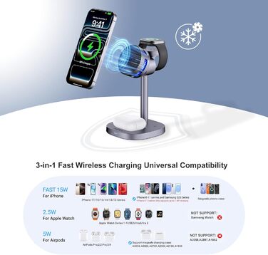 MOGU Бездротова зарядна станція 3-в-1 з магнітною фіксацією та охолодженням TEC, 15W, сумісна з MagSafe iPhone 12-17, Samsung S24-S26, Apple Watch, AirPods + адаптер 45W