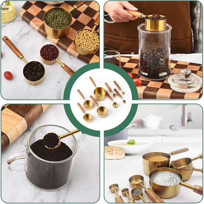 Набір мірних стаканів і ложок 8 шт, нержавіюча сталь золото з дерев'яною ручкою, метричні та американські одиниці, для приготування їжі, випічки та напоїв (60мл - 250мл)