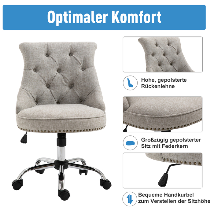 HOMCOM Swivel Upholstered Chair Ergonomic Office Chair Height Adjustable Retro Design Up to 150 kg Linen Light Grey 54x65.5x84-91 cm
