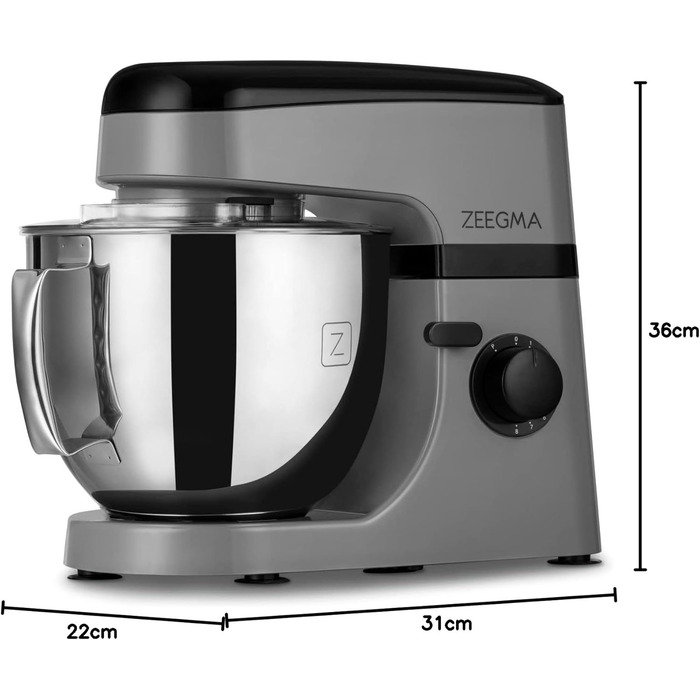 Кухонна машина ZEEGMA 2200W з чашею 6.5 л з нержавіючої сталі, 7 швидкостей, планетарний міксер, для тіста та інших продуктів