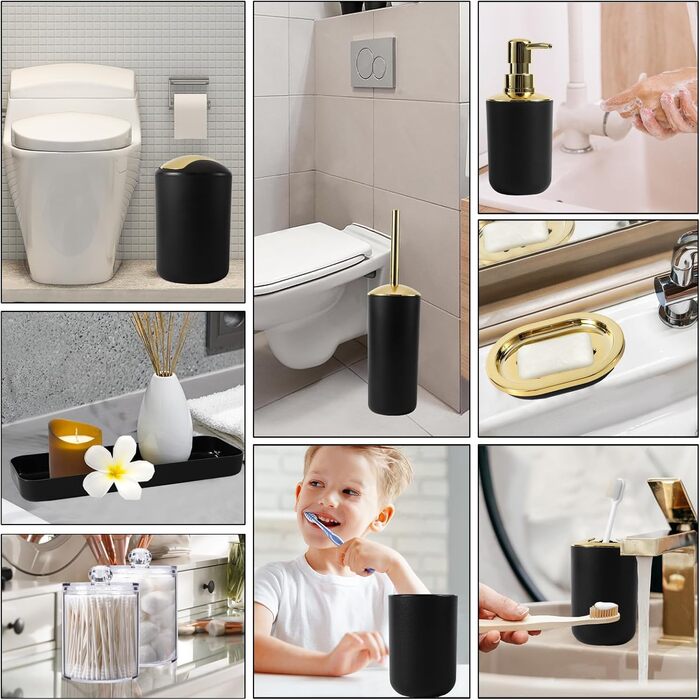 9-Piece Bathroom Accessory Set – Trash Can, Soap Dispenser Set, Soap Dish, Toilet Brush Holder, Toothbrush Holder, Cup, Tray, Cotton Swab Holder, Black and Gold
