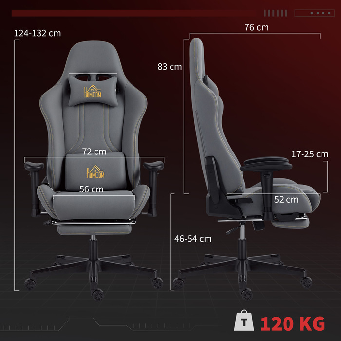 Крісло ігрове HOMCOM з ергономічною підтримкою спини, 3D-підлокітниками, регулюванням та роликами, з поперековою підтримкою, сірого кольору