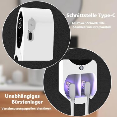 Justup Toothbrush Holder, Toothbrush Sanitizer for Cleaning and Air Drying, LED Smart Screen, Rechargeable Wall Mount for Bathroom, Wall-Mounted Toothbrush Holder for Family Use (White)