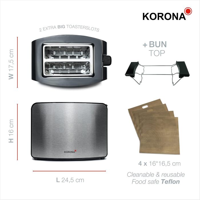 Тостер Korona 21250 з двома слотами | Для приготування тостів та сендвічів | З насадкою для бургерів XXL