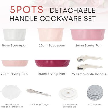 RIOVARM Induction Cookware Set with Removable Handles - Nonstick Granite Stackable Pots and Pans Set with Silicone Lids - PFOA Free Cookware Set - Pink