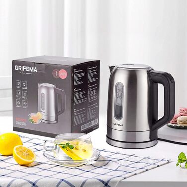 Електричний чайник GRIFEMA 0.8L, 1100W з фільтром від накипу, тихий, швидкий, без BPA, для подорожей, автоматичне відключення, захист від перегріву, білий (нержавіюча сталь 1.7L)