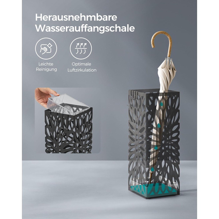 Стійка для парасоль та трекінгових палиць SONGMICS, чорна, металева, з піддоном для води, 4 гачки, 41 см