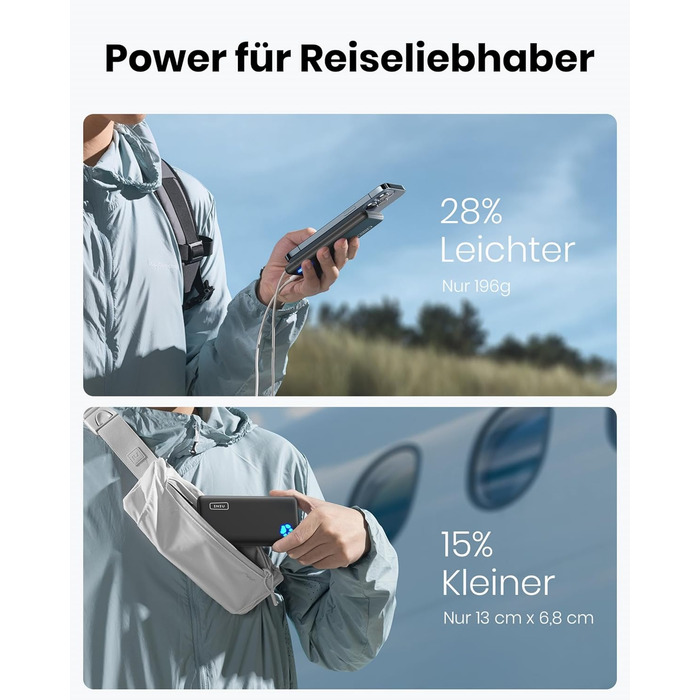 Power Bank INIU 10000mAh, ультратонкий, USB C, 3A, ліхтарик, сумісний з iPhone, Samsung, Huawei, чорний