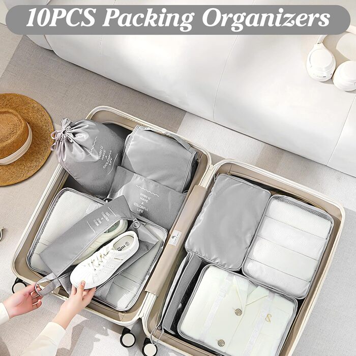 Органайзер для валізи Zorplex, набір 10 шт: кубики для пакування, аксесуари для подорожей, сумки для одягу, взуття та косметики (сірий)