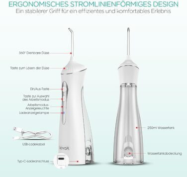 Електрична іригатор VOYOR-HEALTH Munddusche WF400: 3 режими, 4 насадки, водонепроникний, для догляду за зубами та яснами