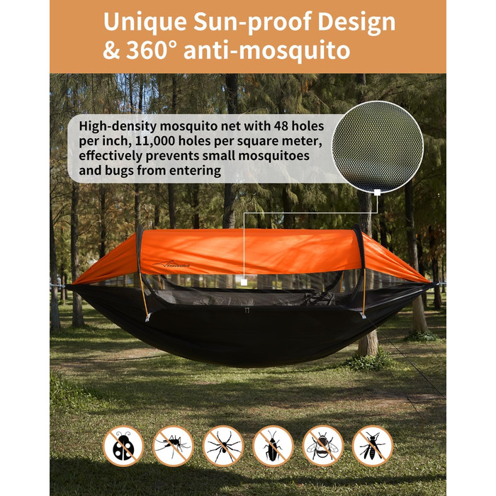 Гамак-намет для кемпінгу з москітною сіткою та сонцезахистом, 290x140 см, великий простір, легкий, з ременями для кріплення до дерева, підлоговий намет для відпочинку на природі, пікніків, походів, зелений (помаранчевий)