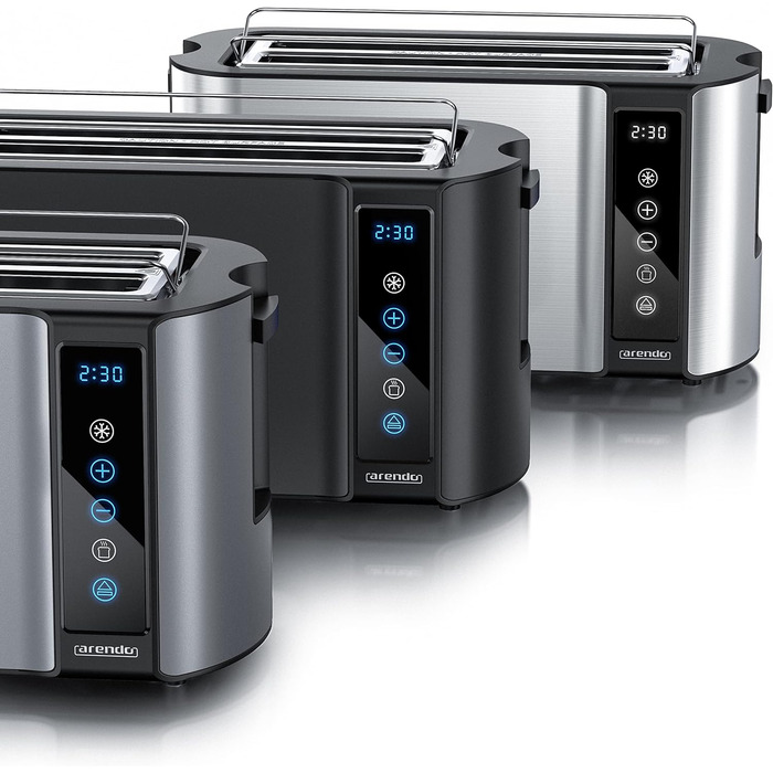 Arendo - Stainless Steel Toaster, Long Slot, 4 Slice - Touchscreen – Double-Walled Housing – 1500 W – Integrated Bagel Attachment – 7 Browning Levels – Bread Centering – Remaining Time Display – Memory Function A: Cool Grey