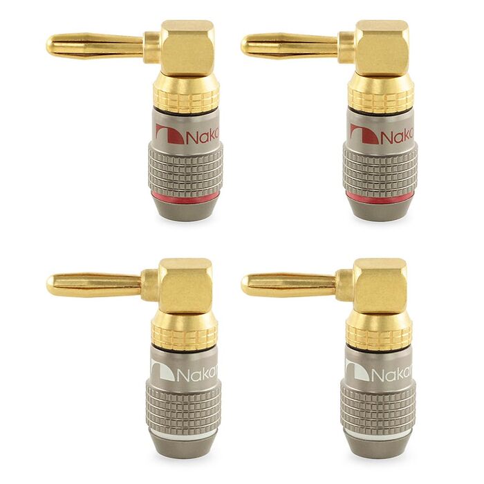 Бананові конектори Nakamichi FanLock Excel-Serie, позолочені правокутні роз'єми для акустичних кабелів Hi-Fi та домашнього кінотеатру, 10-18 AWG, 4 мм, 4 шт (2 пари)