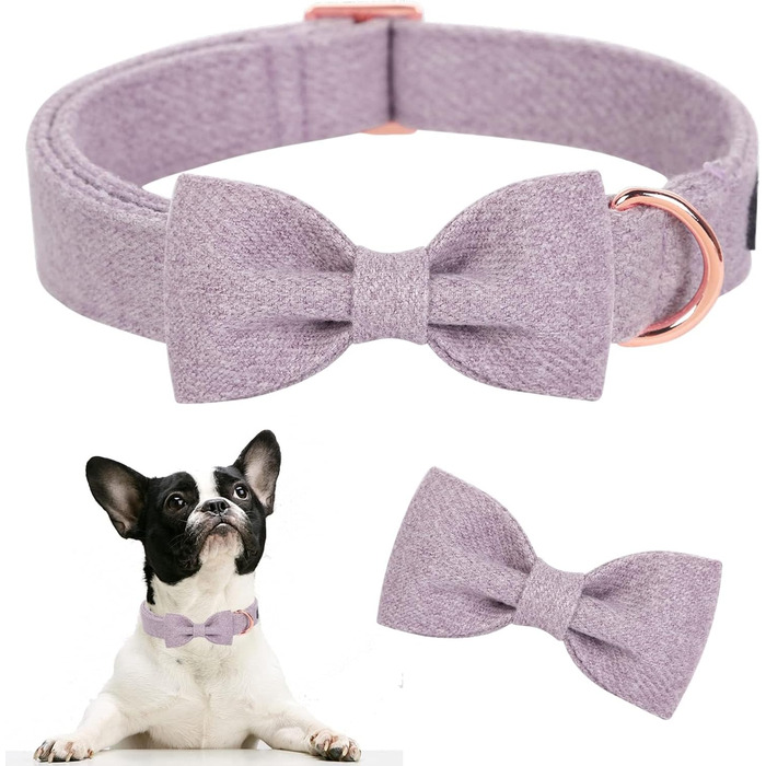 Нашийник для собак Aring Pet з бавовни лавандового кольору з бантом, регульований з металевою застібкою, для малих, середніх та великих собак