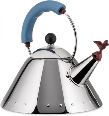 Alessi stainless steel kettle with handle and bird-shaped PA whistle, light blue, 4.4 x 25 x 4.4 cm, Blue Blue Stainless Steel