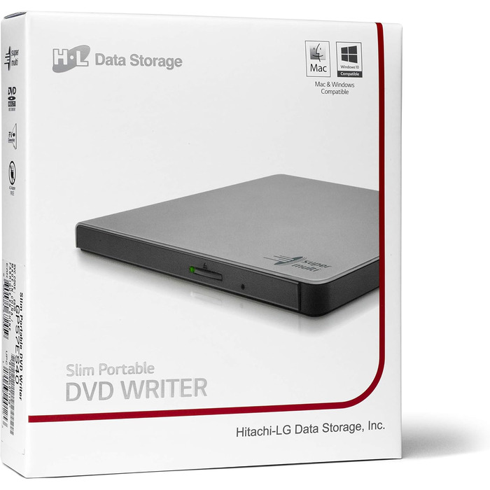 Зовнішній DVD-привід Hitachi-LG GP57, портативний Slim DVD-плеєр та записник для ноутбука та ПК, USB 2.0, сумісність з Windows та Mac OS, швидкість 8x, сріблястий