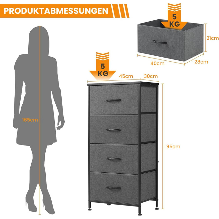 DUMOS Chest of Drawers with Drawers - Chests of Drawers & Sideboards for Bedrooms Suitable, Chest of Drawers with 9 Drawers, Fabric Chest of Drawers with Sturdy Steel Frame, Ideal for Bedroom, Living Room (Black) (4 Drawers Gray)