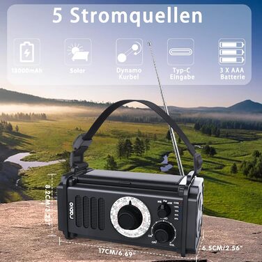 Радіо на сонячній енергії та з ручним крученням 13000mAh, AM/FM/SW, USB-зарядка, ліхтарик 800LM, компас, SOS-сигнал, чорний