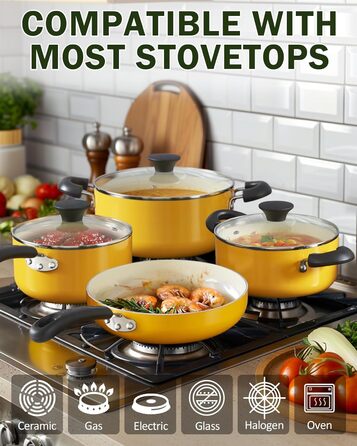 Набір каструль та сковорідок Cook N Home Antihaft, 10 шт. з керамічним покриттям, жовтий