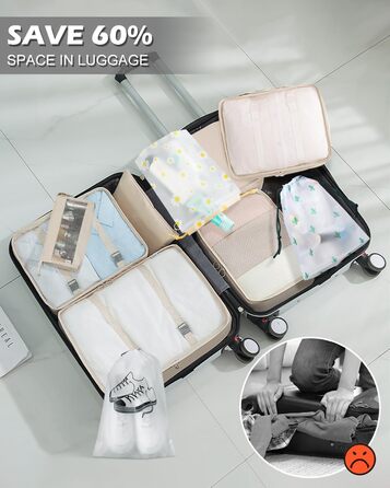 Набір органайзерів для валізи 18 шт., водонепроникні Packing Cubes, бежевий. Організатори для подорожей з чохлами для одягу