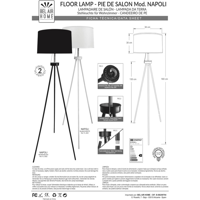 Стельова лампа Bel Air Home NAPOLI на штативі з 3 ніжками, чорна - 160 см, сучасний дизайн